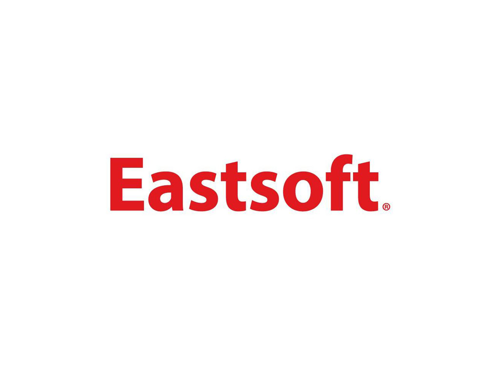 东软载波logo设计，用中国红和字母Eastsoft创意而成。